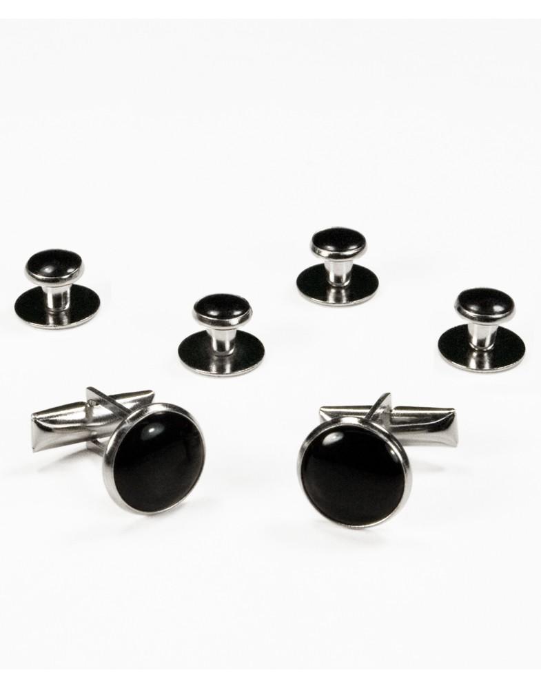 Black on Silver Metal Studs and Cufflinks Set